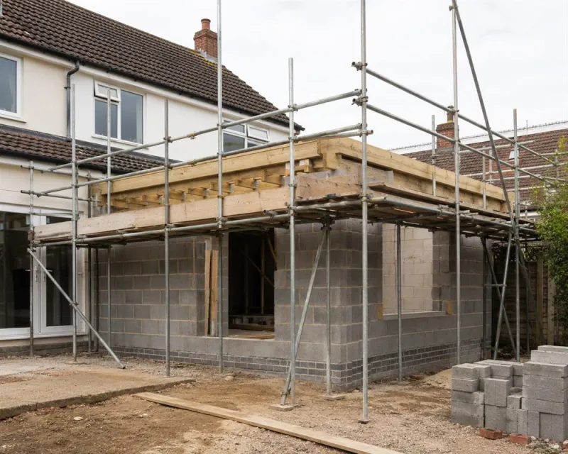 Scaffolding supporting a single-storey extension under construction