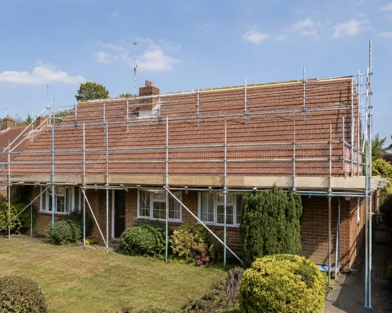 Scaffolding providing access to a pitched roof