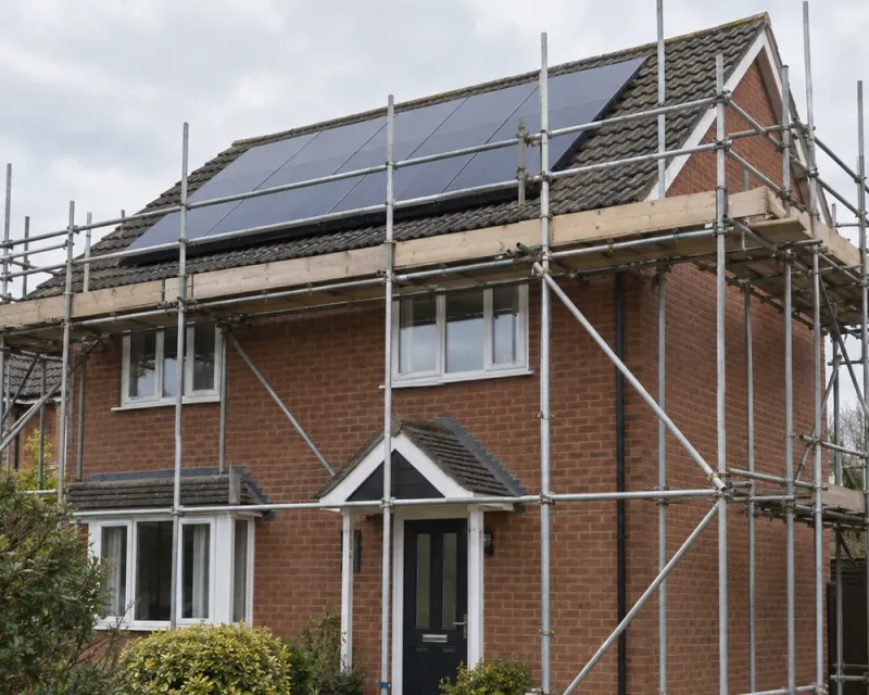Illustrative scaffolding access beside a tiled roof with solar panels.