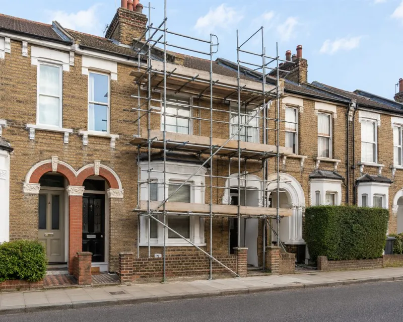 Scaffolding on the front of a terraced house